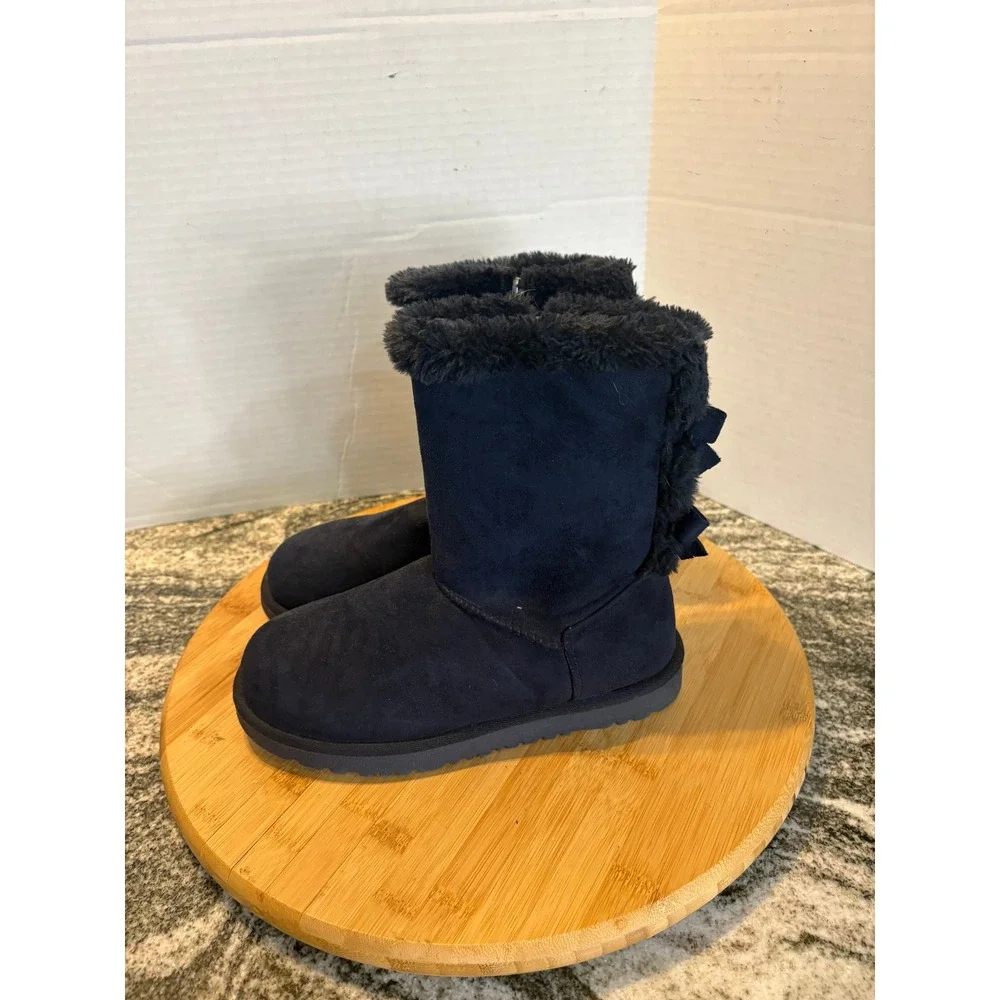 Kids Navy Blue Faux Suede Fur Lined Winter Boots with Bow Accent Size‎ 6M SKU115